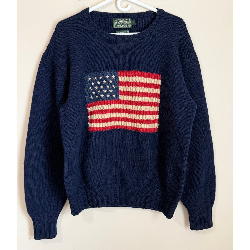 Vintage Polo Country Ralph Lauren Hand knit Sweater Wool American Flag 1980s